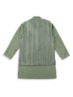 Thumbnail for Joban Fashion Kids Island Embroidery Sequence Full Sleeves Kurta, Pyjama Set with Nehru Jacket - Green - Distacart