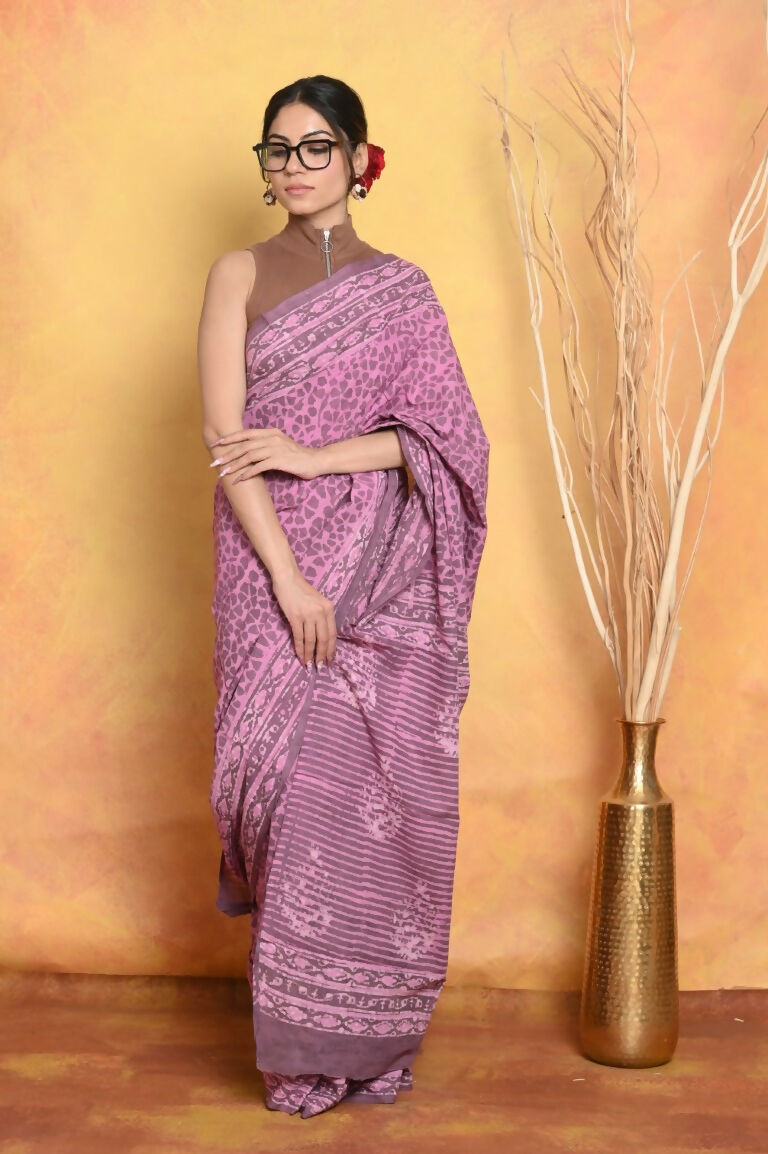 Very Much Indian Handblock Printed Cotton Saree With Natural Dyes - Pink - Distacart