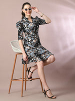 Thumbnail for Myshka Women's Black Printed Shirt Collar Fit and Flare Party Dress - Distacart
