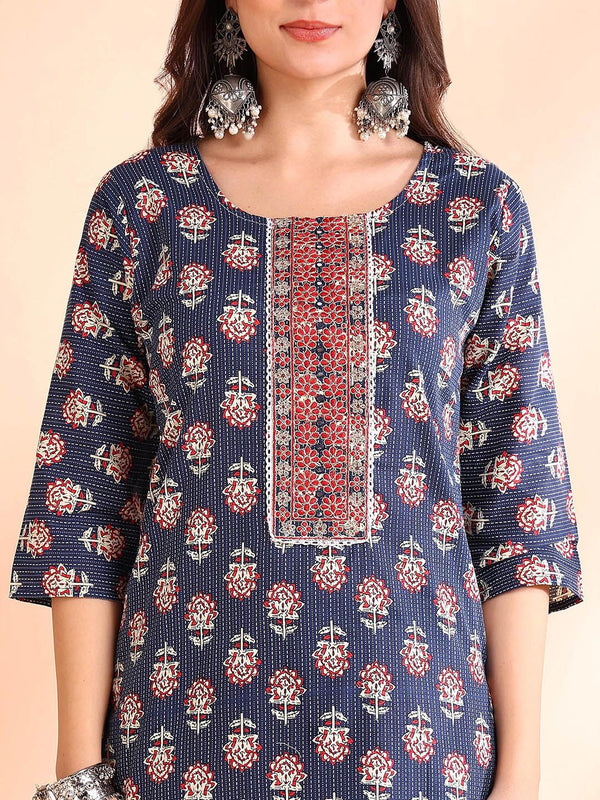 Ode by House of Pataudi Printed Thread Work Pure Cotton Kurta With Trousers & Dupatta - Distacart