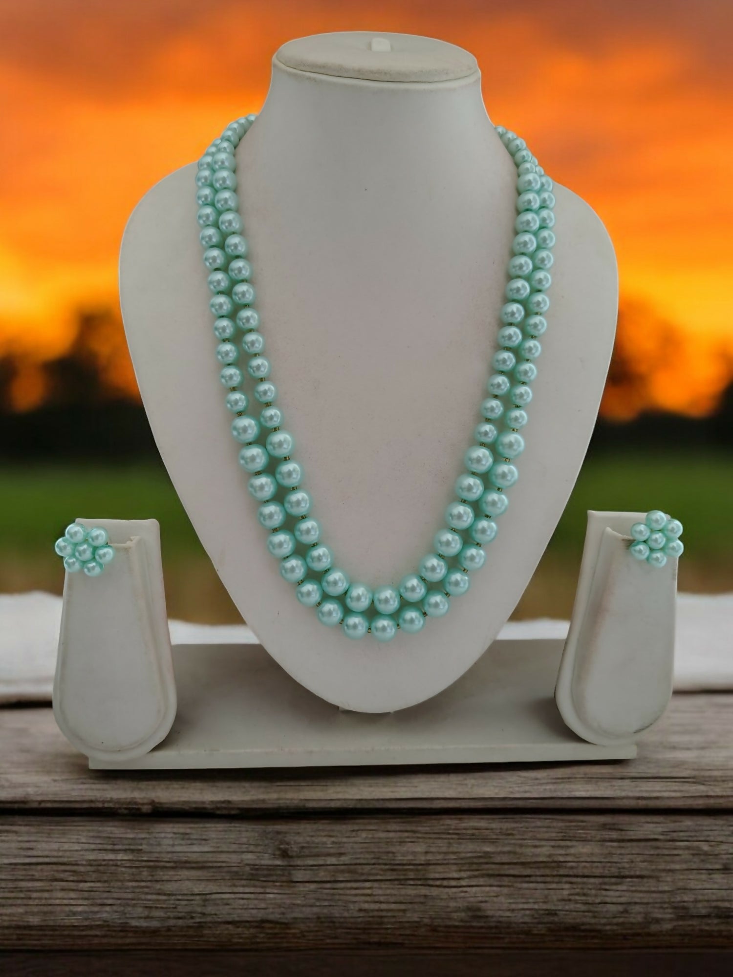 Inhanns Everyday Workwear Pearl Set (Double Layered Pearls) - Light Green - Distacart