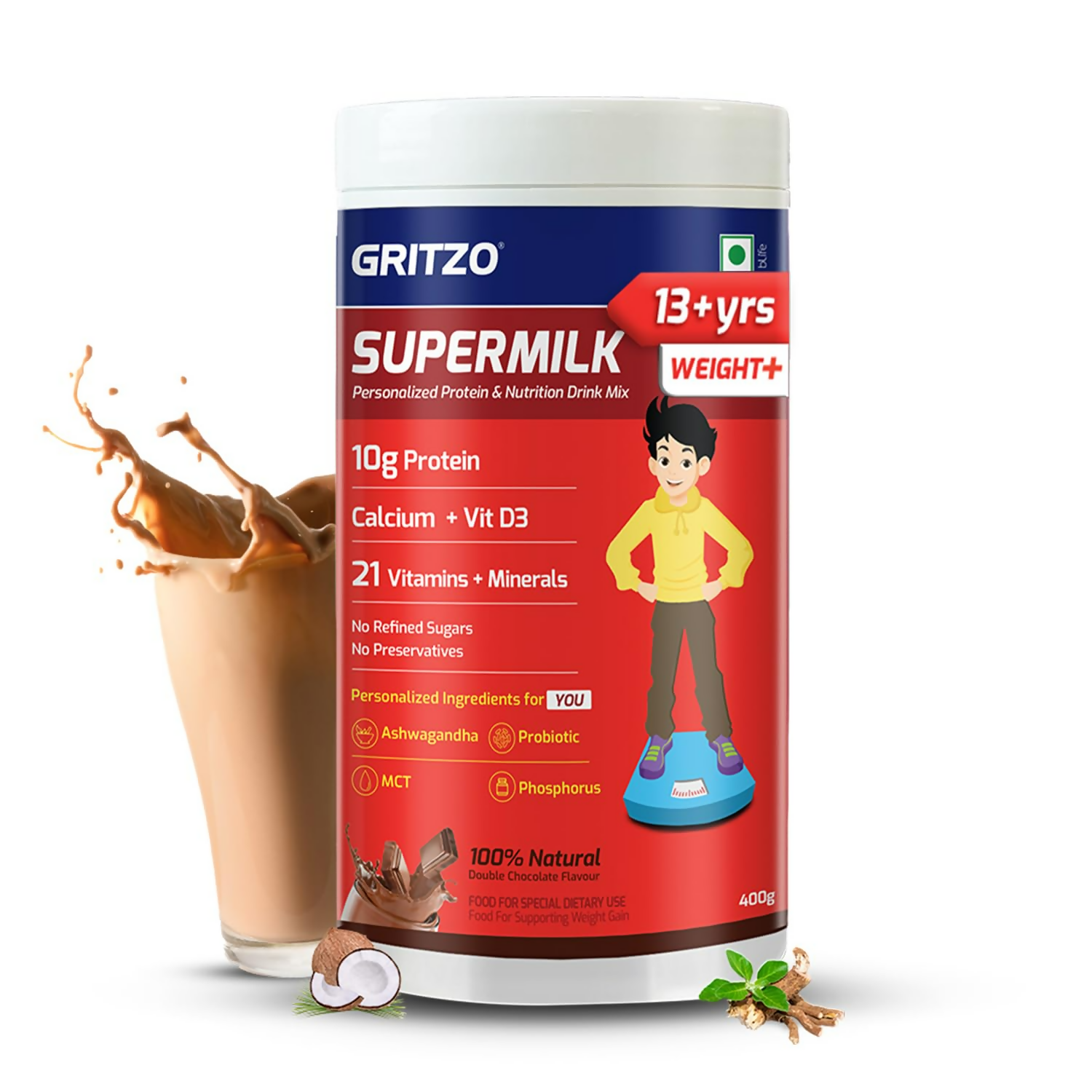 Gritzo SuperMilk Weight+ (13+y Boys), 10g Protein Powder (Double Chocolate) - Distacart