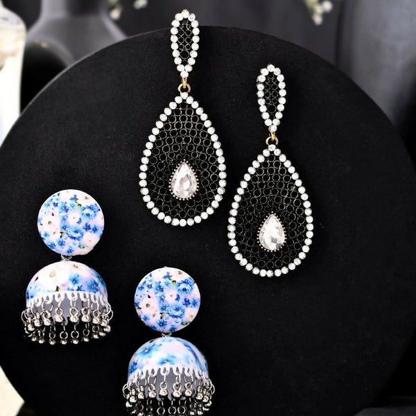 VOJ Set Of 2 Earrings- Blue Printed Jhumka With Black AD Studded Drop Earrings - Distacart