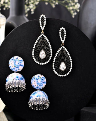 VOJ Set Of 2 Earrings- Blue Printed Jhumka With Black AD Studded Drop Earrings - Distacart