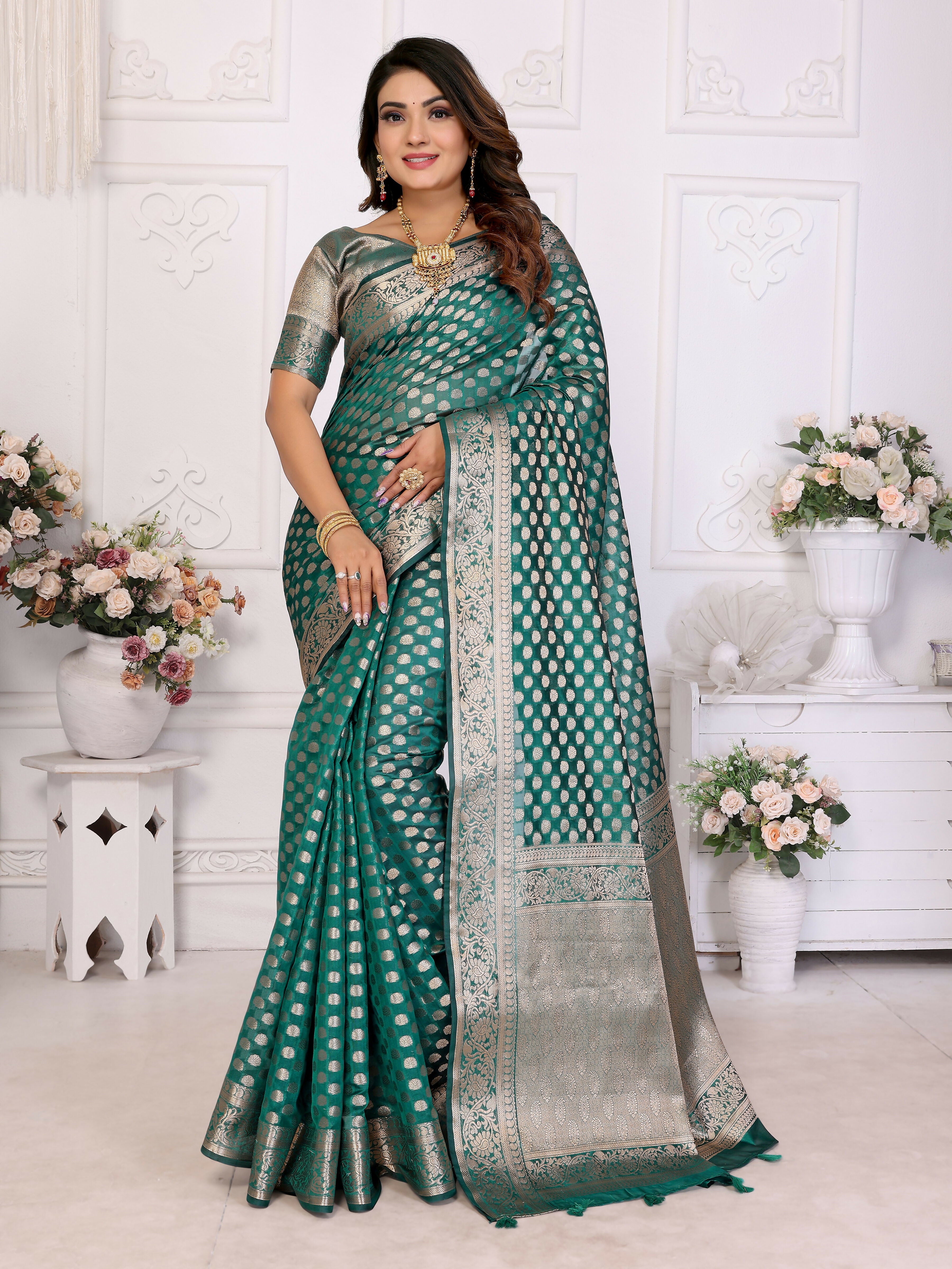 Aastha Fashion Green Organza Silk Weaving Saree - Distacart