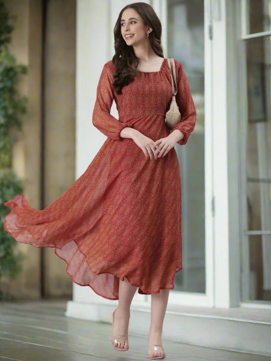 Souchii Rust Orange Printed Fit & Flare Dress