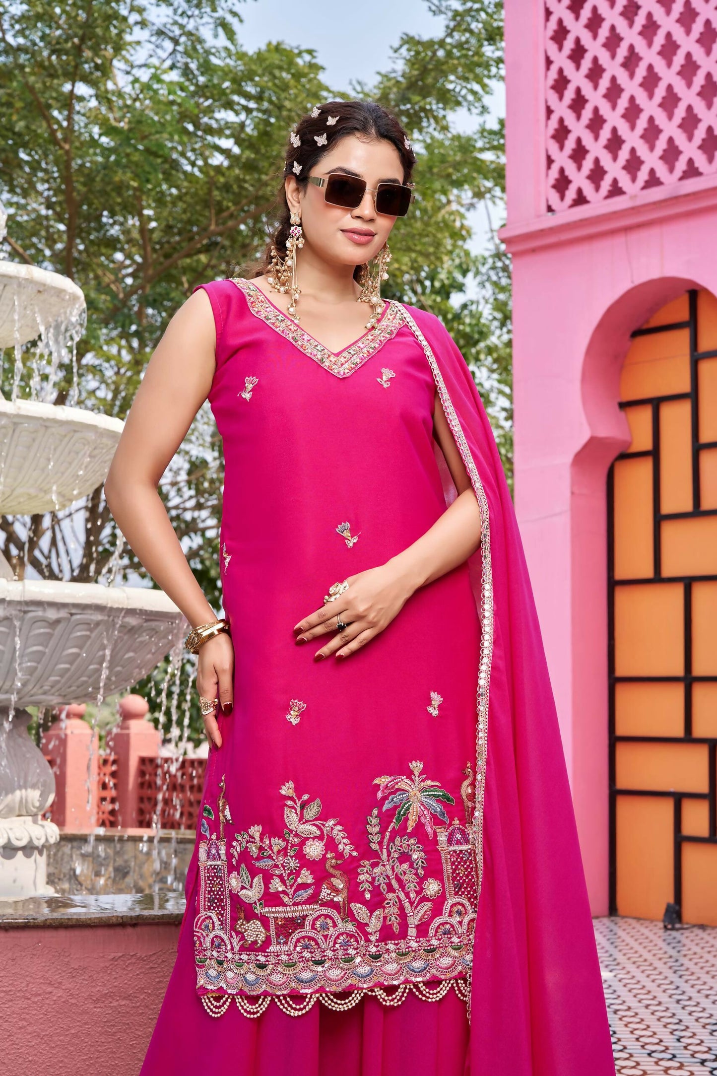 Teeya Creation Womens New Stylish Moti Beads With Cording Sequence Thread Embroidery Work Pink Kurta Set - Dista