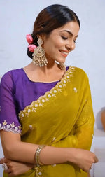 Thumbnail for Divine Drape Jimmy Choo Handwork & Embroidery Saree With Unstitched Blouse Piece - Yellow