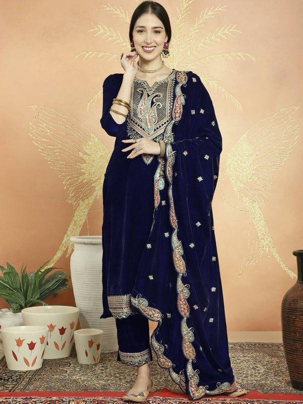 Aastha Fashion Women's Navy Blue Velvet Cording with Resham Thread & Sequin Kurta with Trouser & Dupatta - Distacart