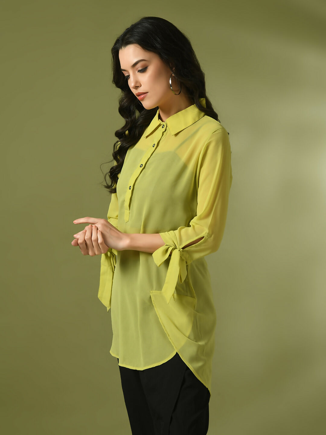 Myshka Women's Yellow Solid Georgette Longline Party Sheer Tunic - Distacart