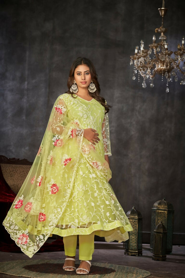 Jyoti Fashion Women's Pista Net Embroidered Anarkali Kurta Pant Set With Dupatta - Distacart