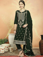 Thumbnail for Aastha Fashion Women's Green Velvet Cording with Resham Thread & Sequin Kurta with Trouser & Dupatta - Distacart