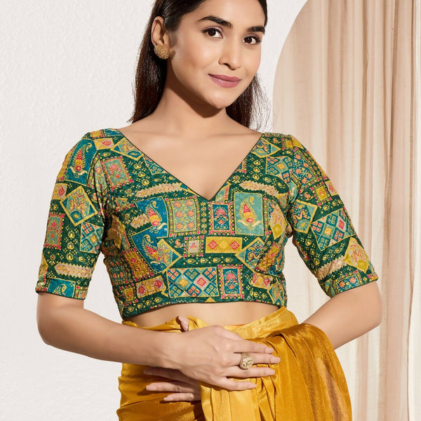 Joban Fashion Bottle Green Viscose Rayon Padded Blouse With V Neck Elbow Sleeves - Distacart