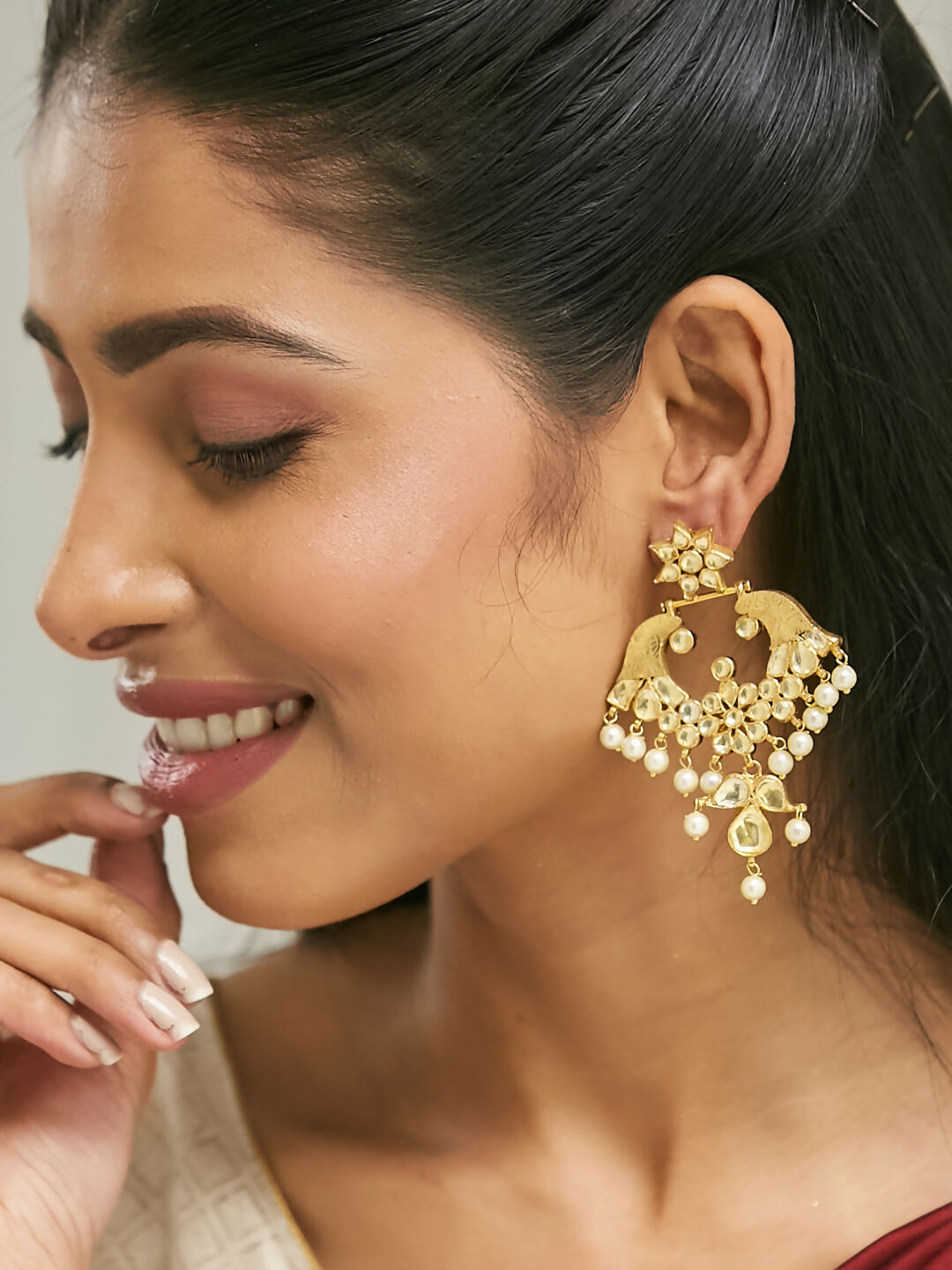 Nuyug 22K Gold-Plated Kundan and Pearl Earrings with Floral Stud and Intricate Crescent Design Chandbalis