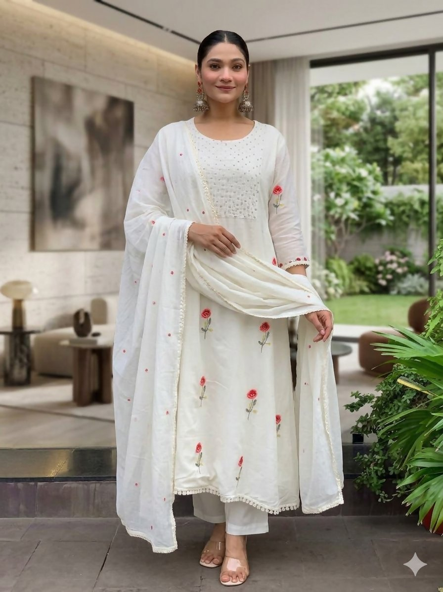 Teeya Creation Elegant White Straight Kurti Pant Set With Rose Motif Embroidery For Women - Dista