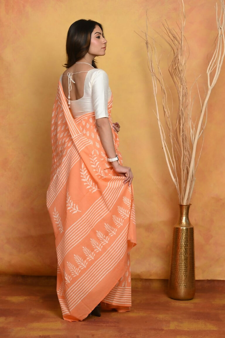 Very Much Indian Handblock Printed Cotton Saree With Natural Dyes - Light Peach - Distacart