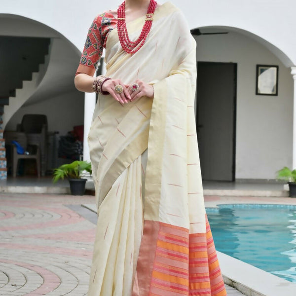 Vishnu Weaves Women's Cream Raw Silk Patola Zari Woven Saree with Blouse