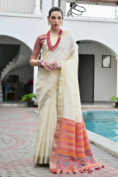 Vishnu Weaves Women's Cream Raw Silk Patola Zari Woven Saree with Blouse
