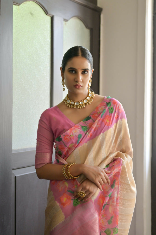 Vishnu Weaves Women's Pink Banarasi Silk Saree with Blouse - Distacart