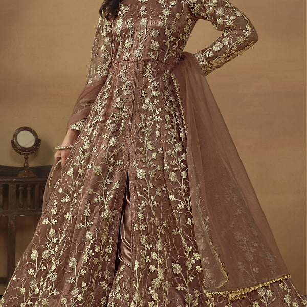 Anaita Brown Embroidered Butterfly Net Anarkali Suit - Distacart