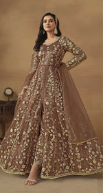 Thumbnail for Anaita Brown Embroidered Butterfly Net Anarkali Suit - Distacart
