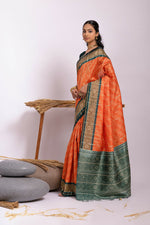 Thumbnail for Vishnu Weaves Women's Orange Soft Tussar Silk Zari Woven Saree with Blouse - Distacart
