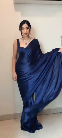 Thumbnail for Malishka Satin Silk Solid Ready To Wear Saree With Blouse Piece - Navy - Distacart