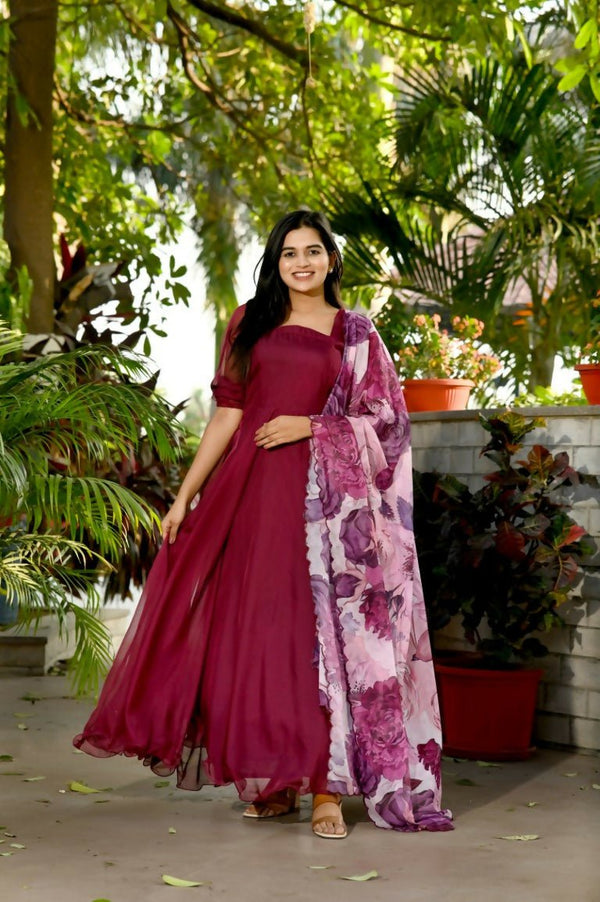 Aastha Fashion Women's Maroon Tebby Silk Anarkali Dress with Dupatta - Distacart