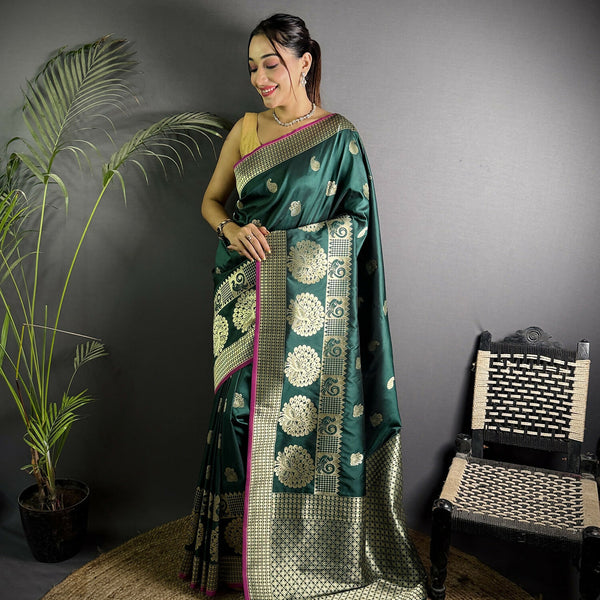 Joban Fashion Dark Green Banarasi Soft Lichi Silk Paisley Saree