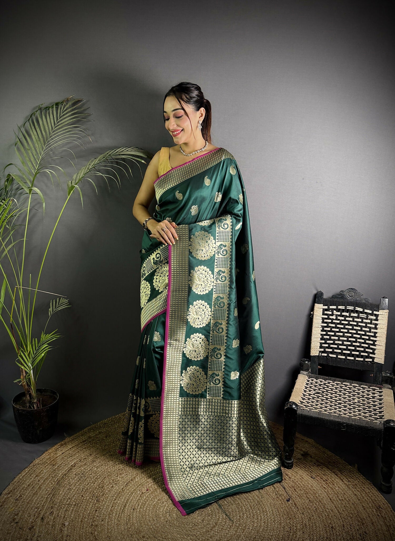 Joban Fashion Dark Green Banarasi Soft Lichi Silk Paisley Saree