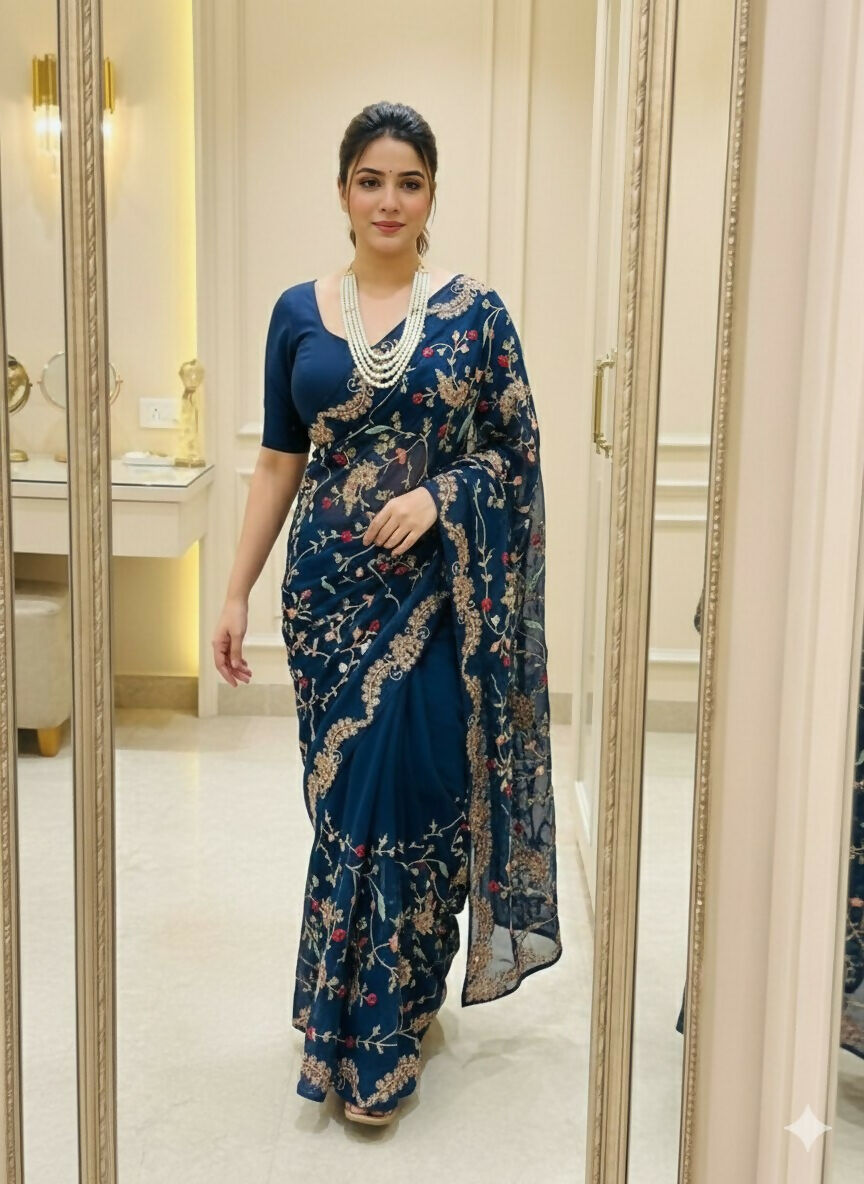Teeya Creation Womens New Trendy Party Wear Wedding Collection Silk Saree-Blue - Dista