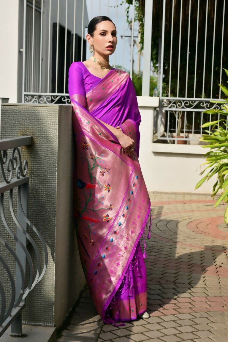 Vishnu Weaves Women's Purple Paithani Silk Zari Woven Saree with Blouse