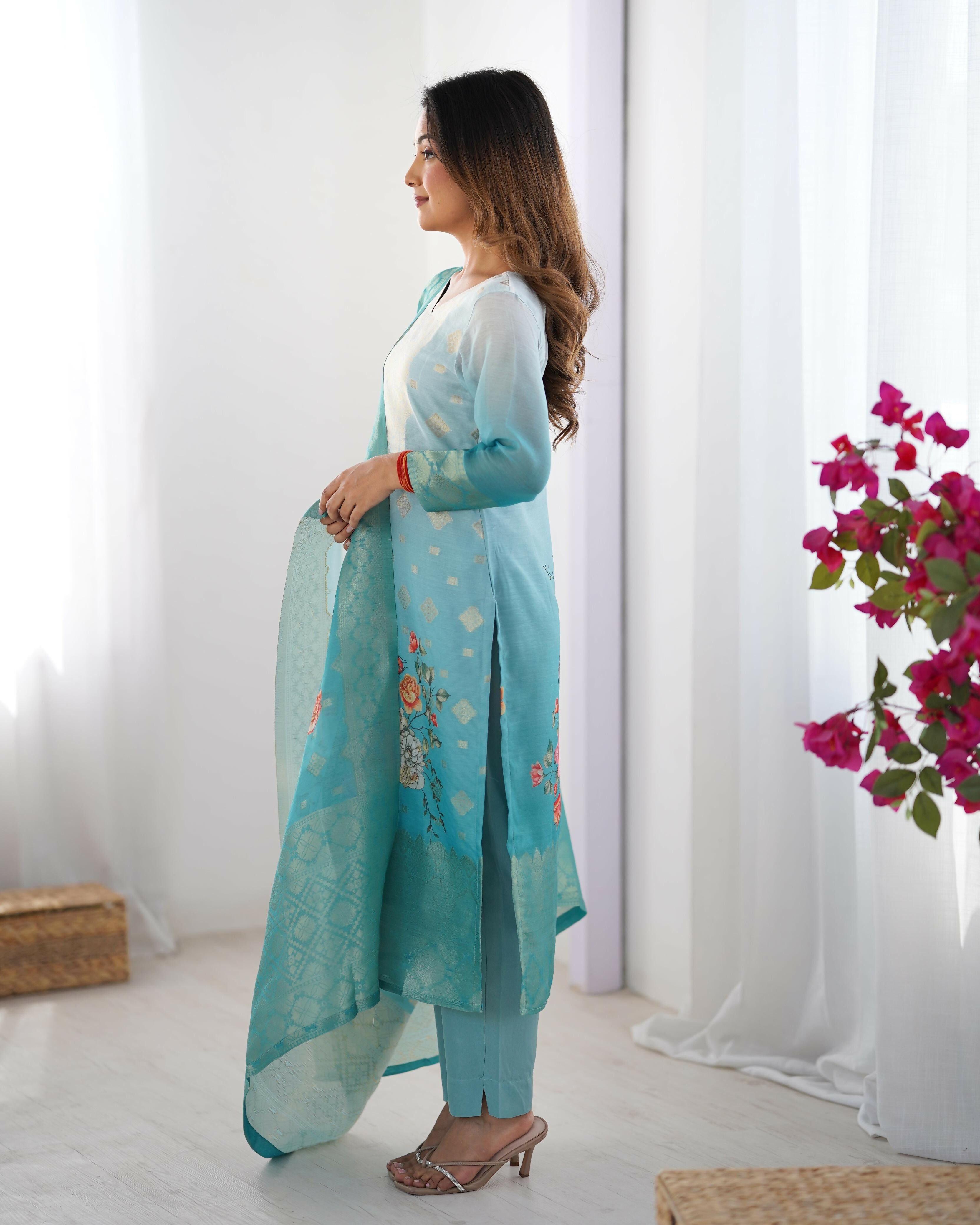 Joban Fashion Sky Blue Kurta set with Pant Chanderi Thread with Sequins work