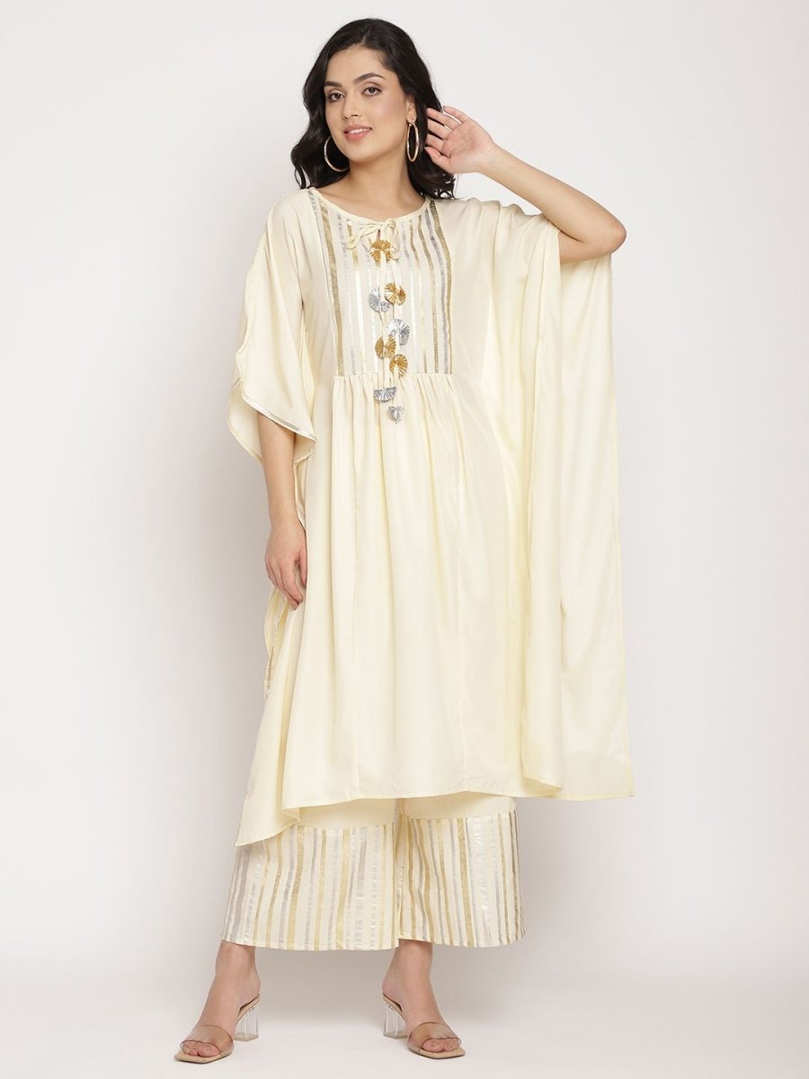 Ahalyaa Women Off White Printed Gotta Patti Kaftan Style Kurta With Palazzos