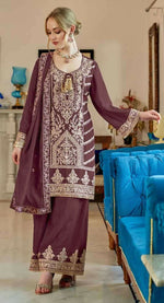 Thumbnail for Anaita Brown Vichitra Simar With Embroidery Coding Sequence Stitched Salwar Suit - Distacart