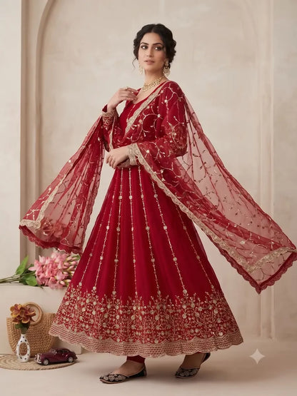 Teeya Creation Designer Red Heavy Zari & Sequins Work Anarkali Gown - Dista
