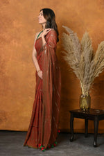 Thumbnail for Very Much Indian Designer Mul Cotton Handloom Saree with Sequins - Dual Tone Red Green - Distacart