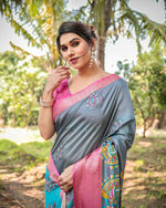 Thumbnail for Preksha Creation Grey & Aqua Blue Wedding Special Premium Tussar Silk Women Saree
