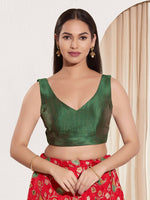 Thumbnail for Joban Fashion Dark Green Mulberry Silk Padded Blouse With Round Neck Sleeveless