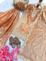 Thumbnail for Teeya Creation Peach Pure Silk Gimmy Silk Heavy Embroidery Work Wedding Wear Palazzo Pair - Distacart