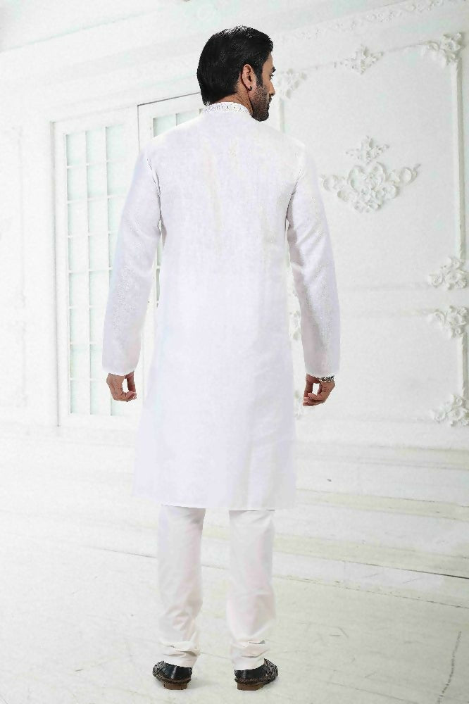 Raivat Ethnic Linen Cotton Thread Work Kurta Pajama In Off White Colour - Dista