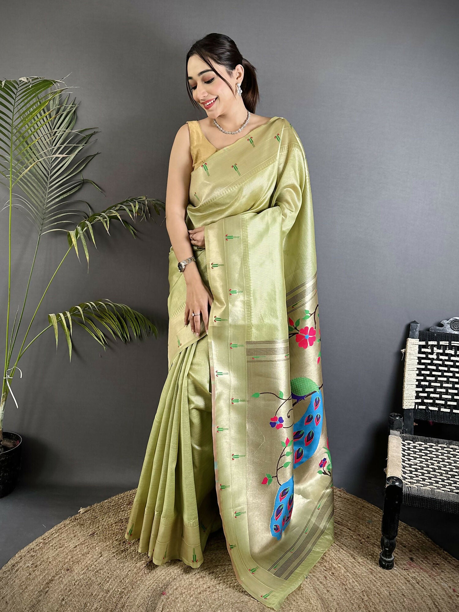 Joban Fashion Pista Green Peacock & Floral Motifs Tissue Paithani Saree - Dista
