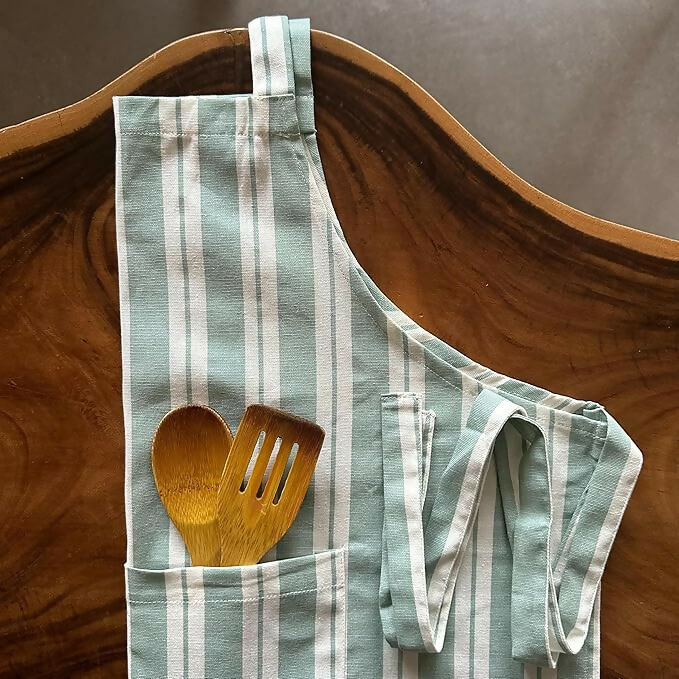 Oak & Lily 100% Cotton Kitchen Apron-Green Striped - Dista