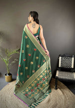 Thumbnail for Joban Fashion Green Elephant & Floral Motifs Soft Lichi Silk Banarasi Saree - Distacart