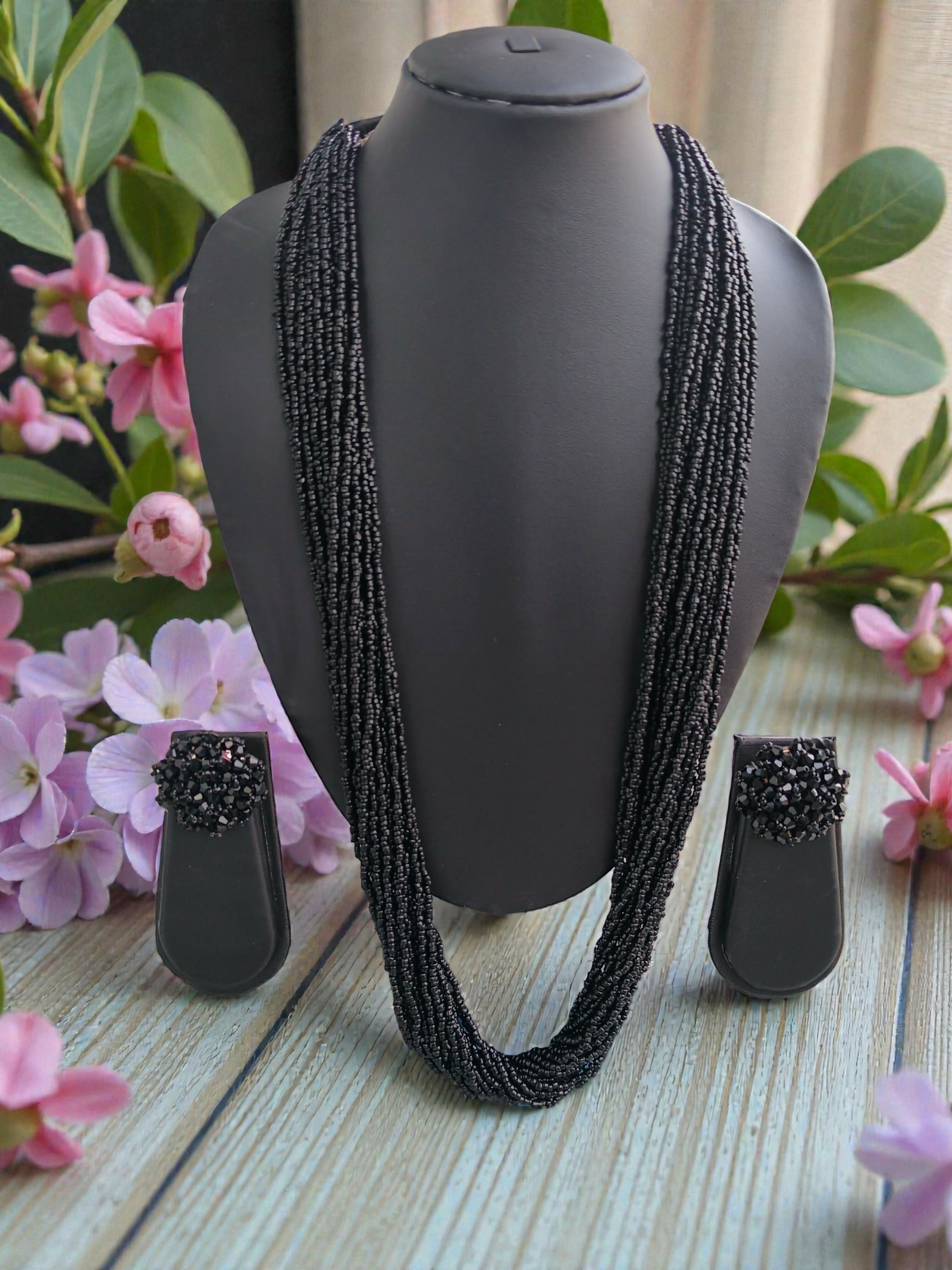 Inhanns Rangsaaz 20-Layer Luxe Long Beaded Necklace (With Optional Statement Earrings) - Black With Earring Long 20 Layer - Distacart