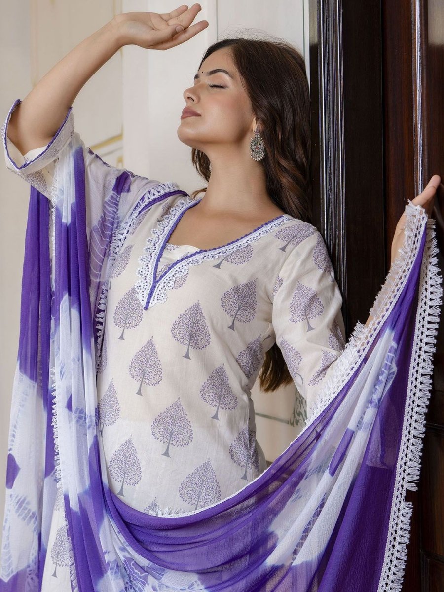 Anouk White Floral Printed Pure Cotton Lace Straight Kurta with Trousers & Dupatta