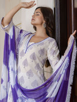Thumbnail for Anouk White Floral Printed Pure Cotton Lace Straight Kurta with Trousers & Dupatta