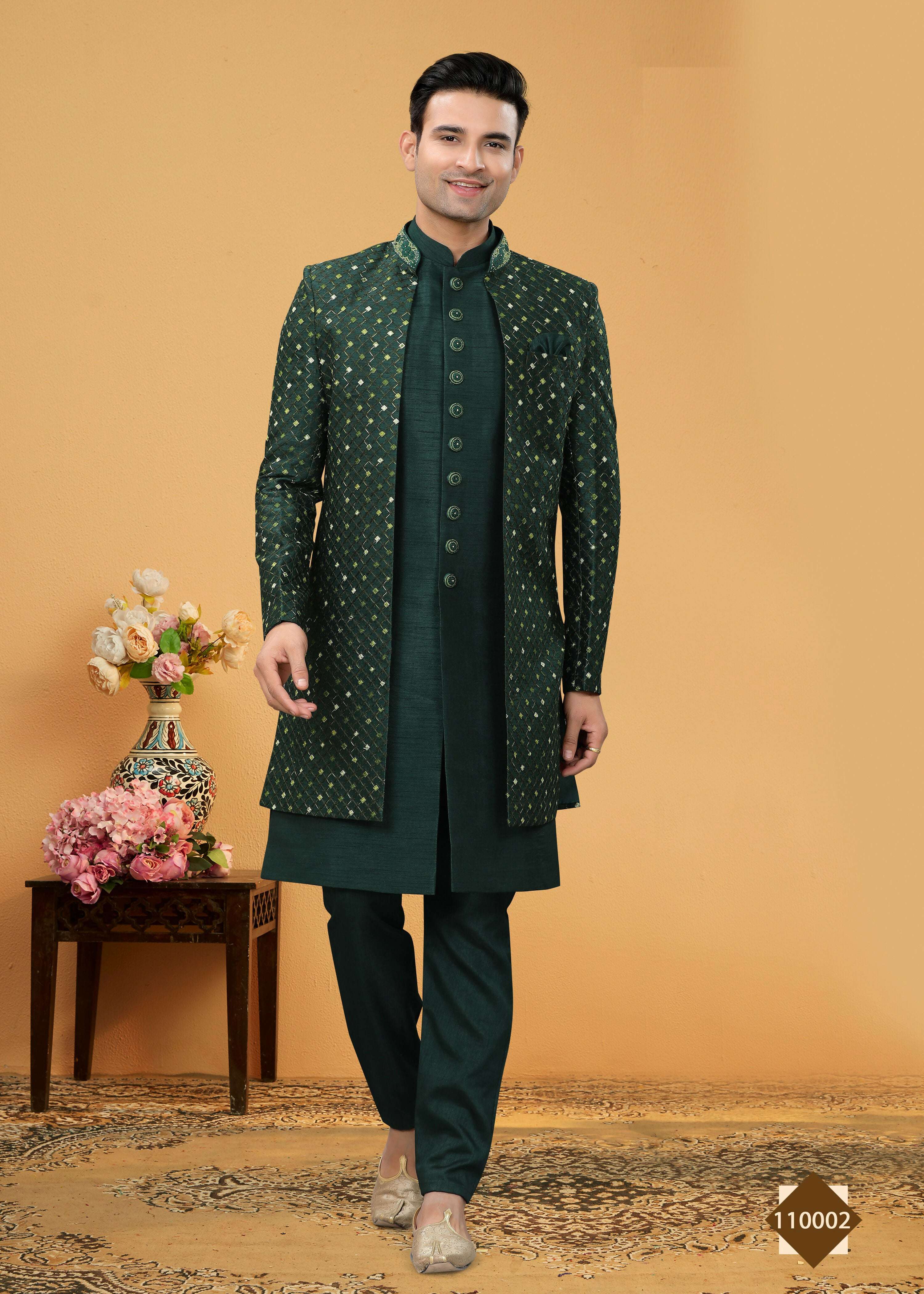 Joban Fashion Men's Green Art Silk Plain Kurta Pyjama set - Distacart