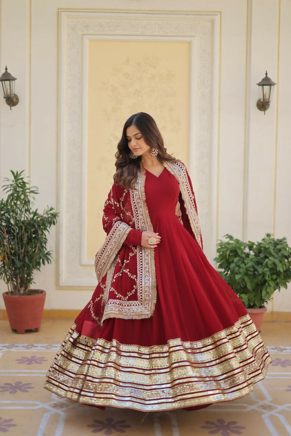 Jyoti Fashion Women's Maroon Faux Blooming Sequins Zari Embroideredy Anarkali Dress with Dupatta - Distacart