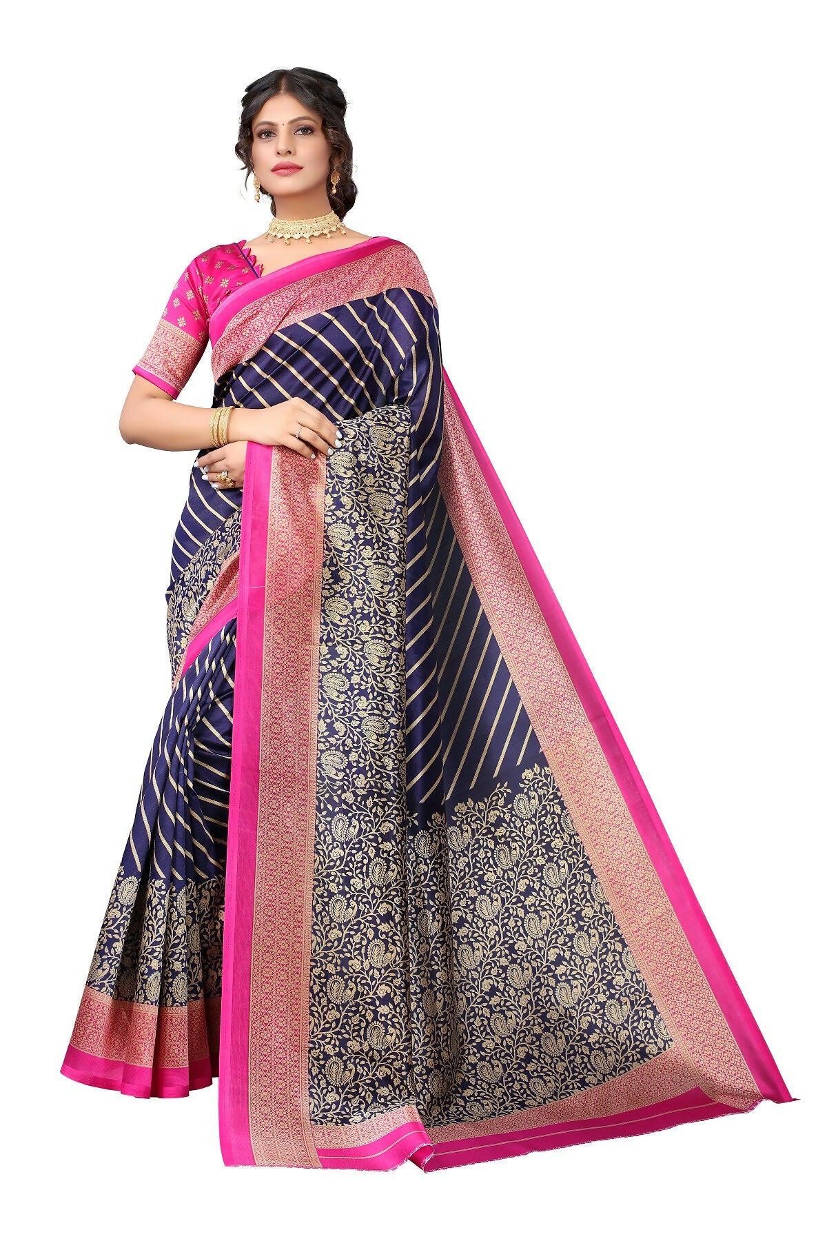 Vamika Navy Blue Printed Art Silk Saree - Distacart